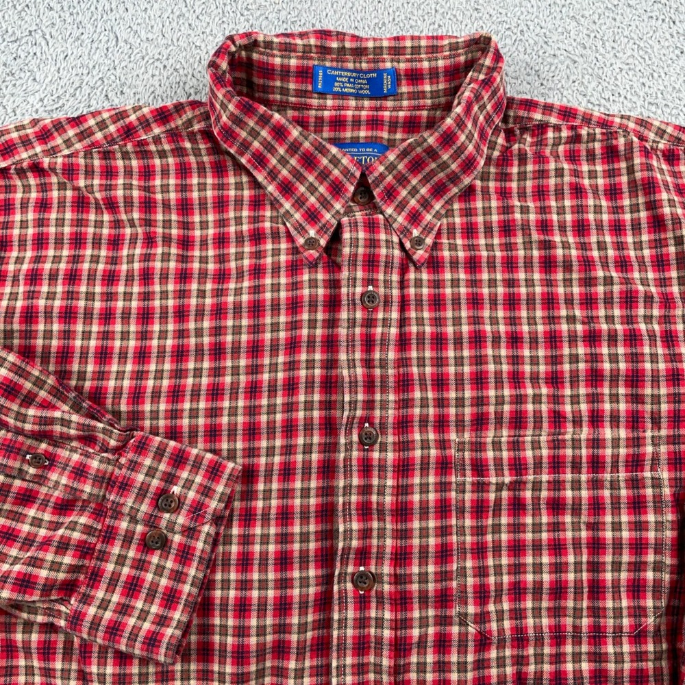 Pendleton Shirt Mens 2XL Red Plaid Canterbury Cloth Merino Wool Cotton Blend